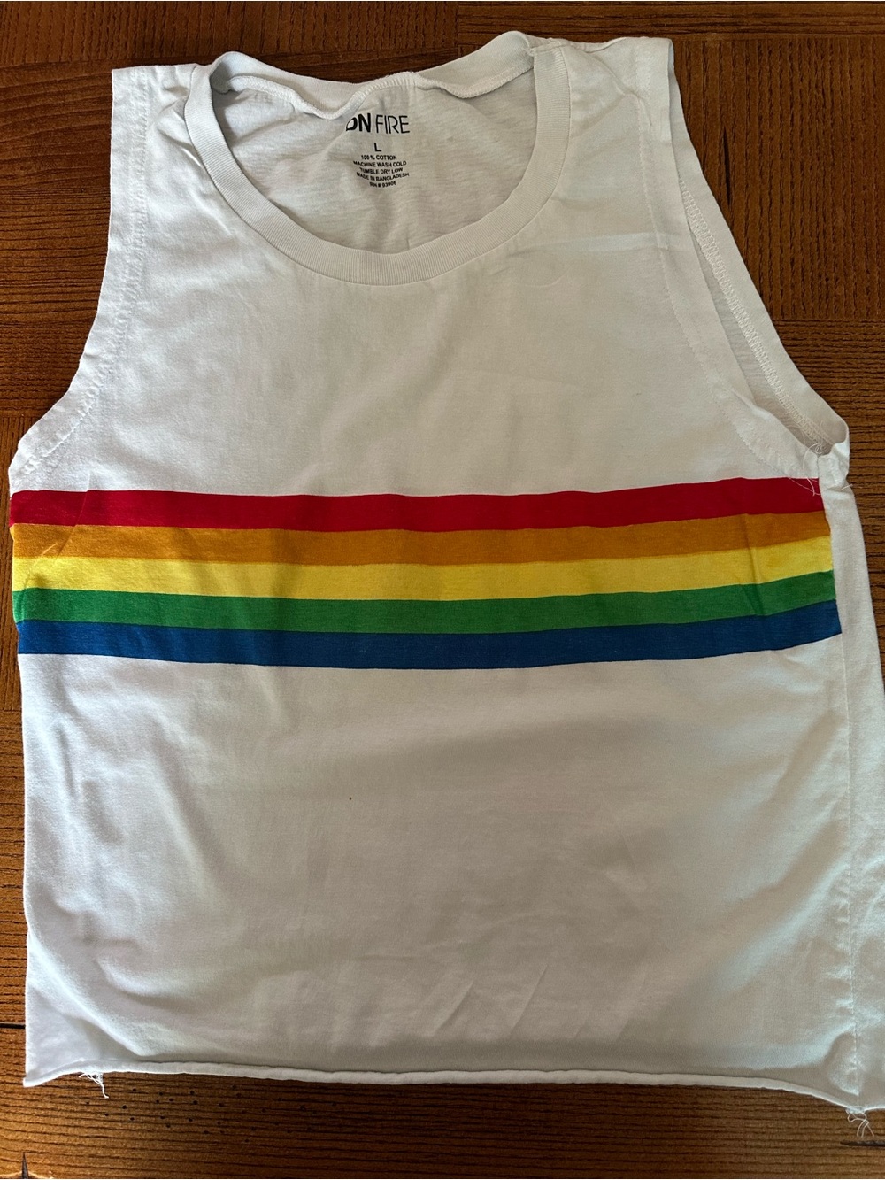On Fire White Tank Top with Red-Blue Rainbow Stripes